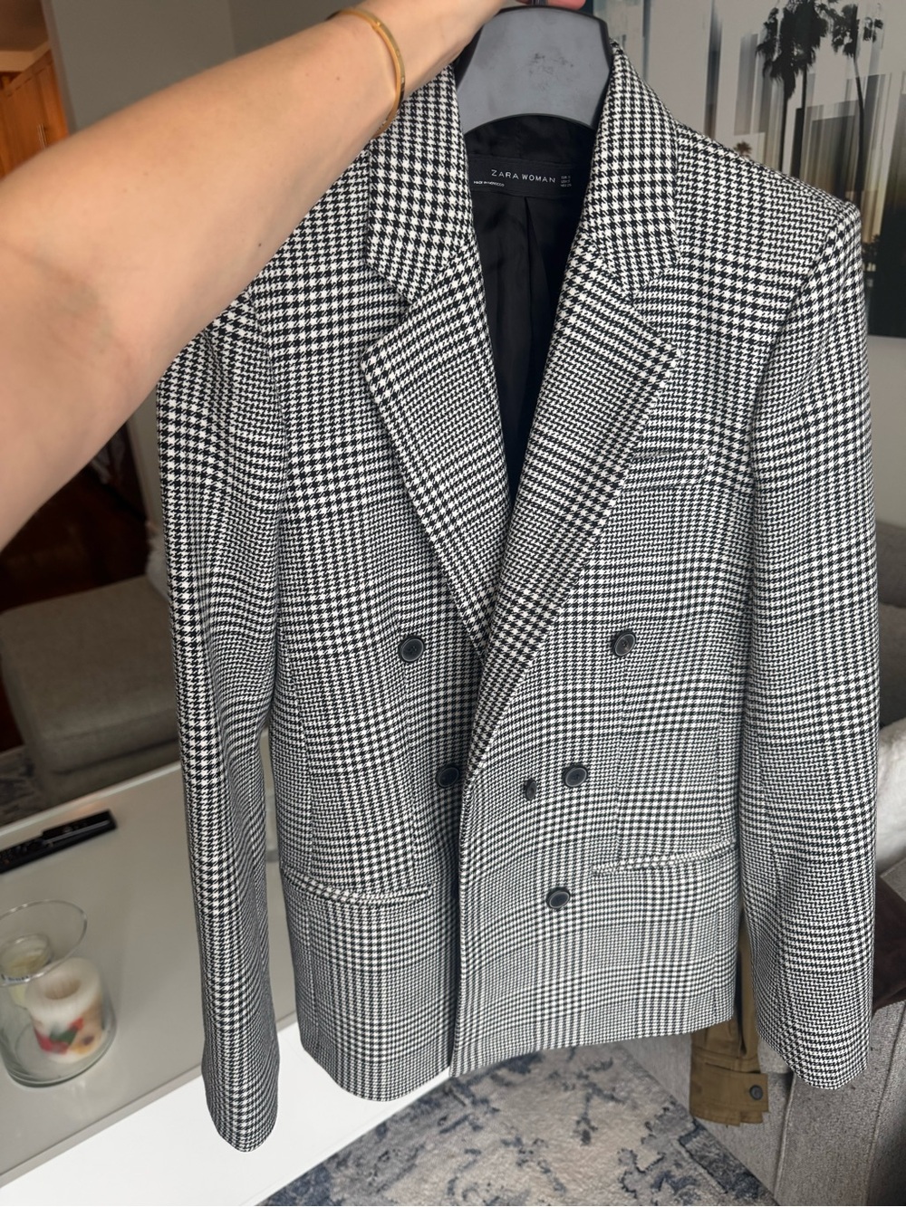 Zara Black & White Houndstooth Double-Breasted Blazer - Size S - BNWT